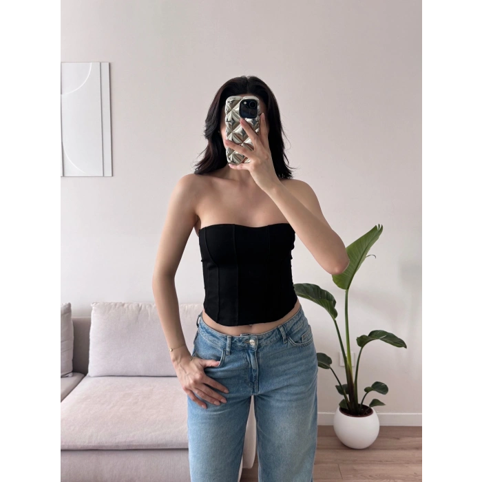 Biyeli Straplez Crop - SİYAH