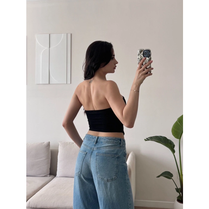 Biyeli Straplez Crop - SİYAH