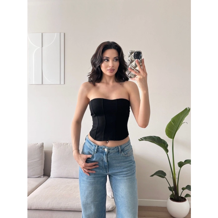 Biyeli Straplez Crop - SİYAH