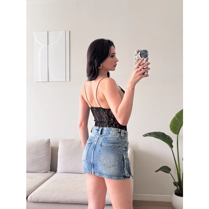 Askılı Dantel Bodysuit - SİYAH