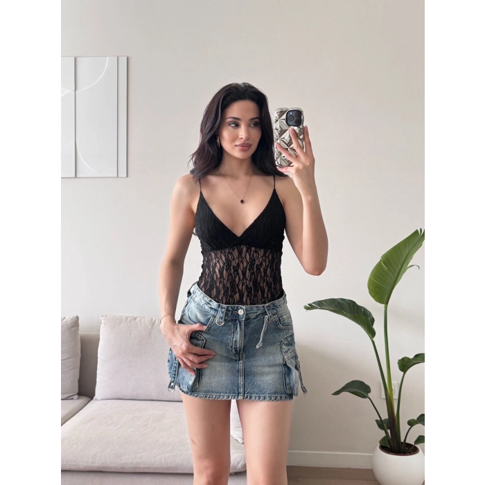 Askılı Dantel Bodysuit - SİYAH