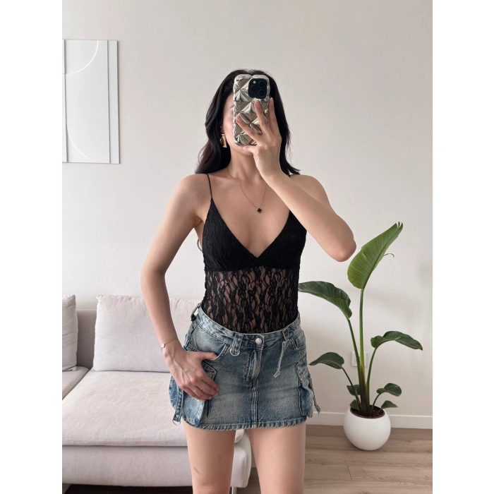 Askılı Dantel Bodysuit - SİYAH