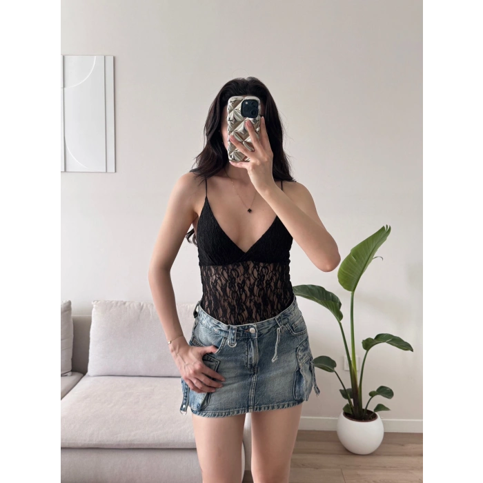 Askılı Dantel Bodysuit - SİYAH