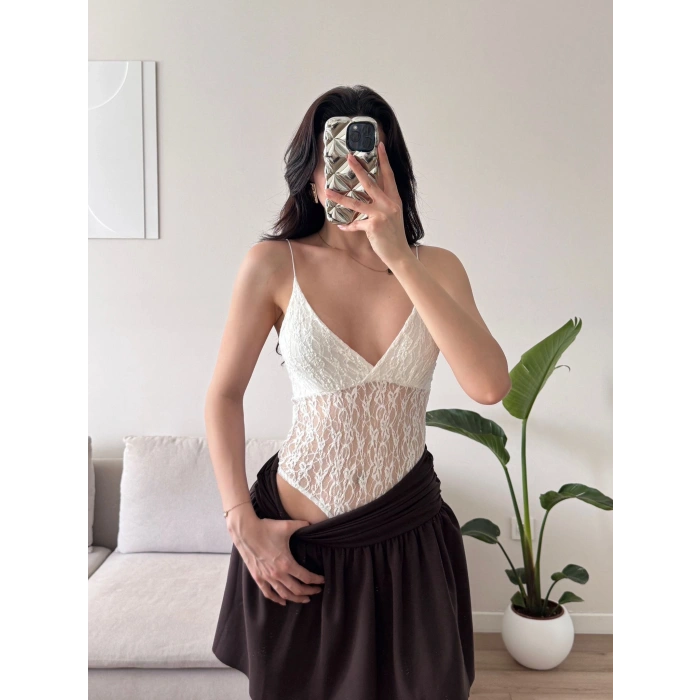 Askılı Dantel Bodysuit - BEYAZ