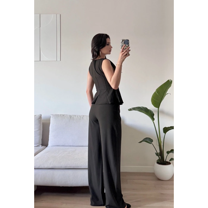 Sıfır Kol Belden Oturtmalı Takım - KAHVE