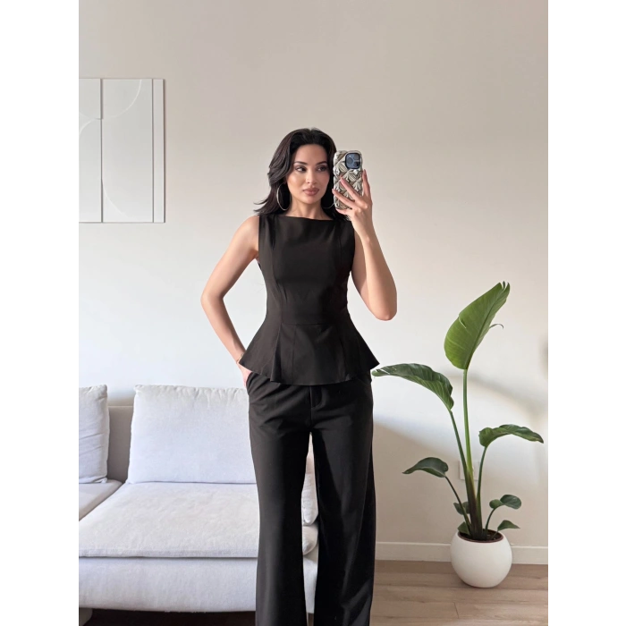 Sıfır Kol Belden Oturtmalı Takım - KAHVE