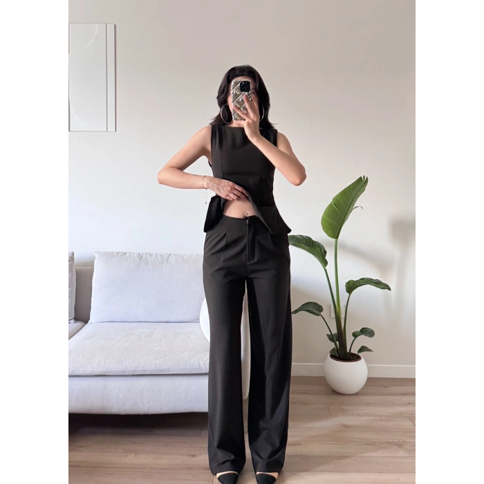 Sıfır Kol Belden Oturtmalı Takım - KAHVE