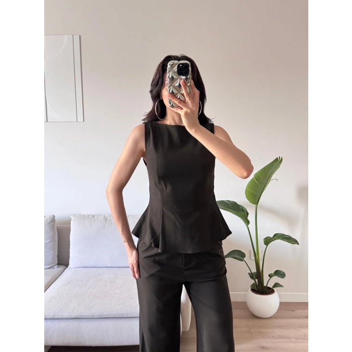 Sıfır Kol Belden Oturtmalı Takım - KAHVE