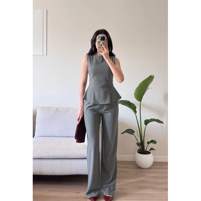 Sıfır Kol Belden Oturtmalı Takım - GRİ