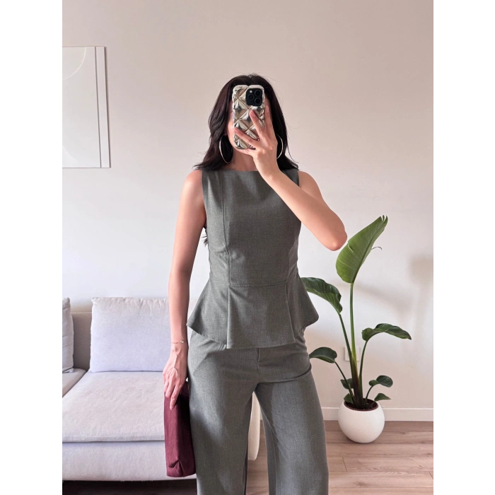 Sıfır Kol Belden Oturtmalı Takım - GRİ