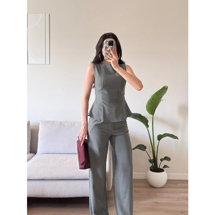 Sıfır Kol Belden Oturtmalı Takım - GRİ