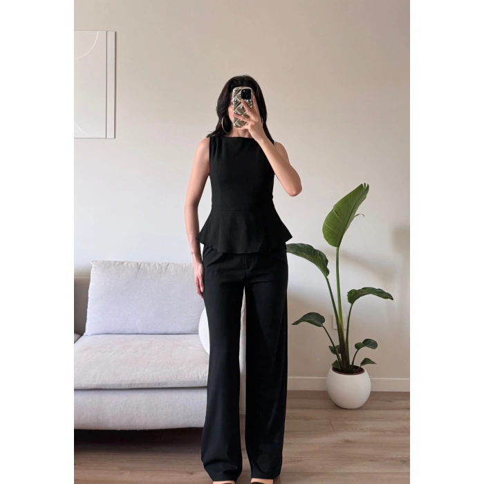 Sıfır Kol Belden Oturtmalı Takım - SİYAH