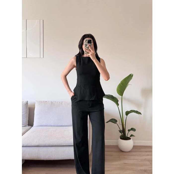 Sıfır Kol Belden Oturtmalı Takım - SİYAH