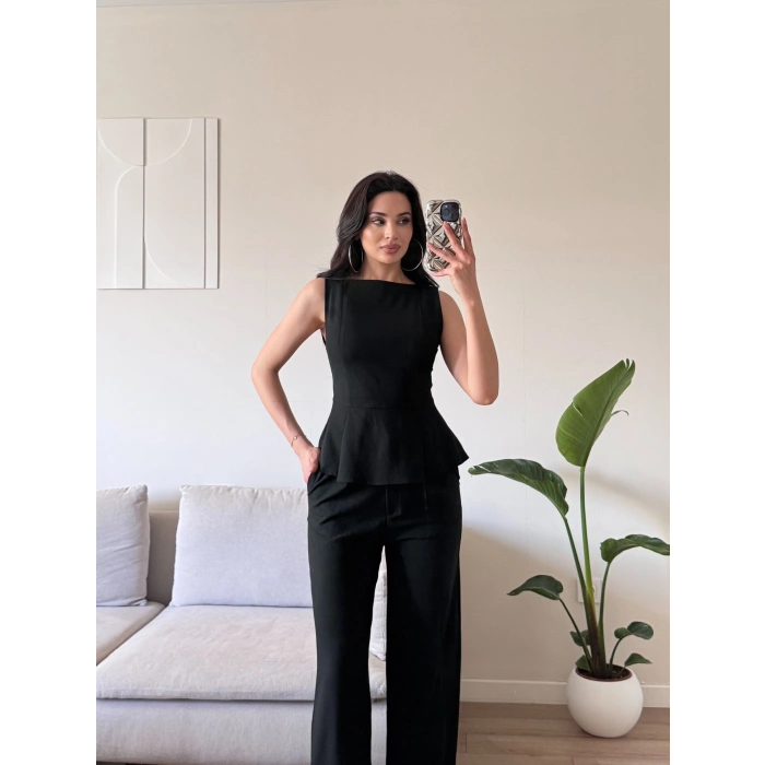 Sıfır Kol Belden Oturtmalı Takım - SİYAH