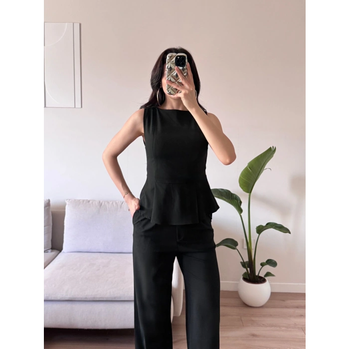 Sıfır Kol Belden Oturtmalı Takım - SİYAH