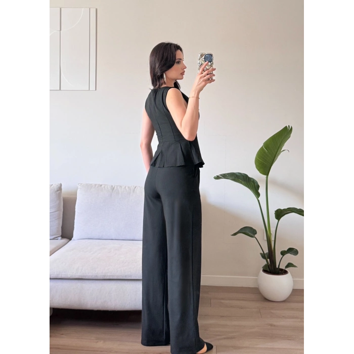 Sıfır Kol Belden Oturtmalı Takım - SİYAH