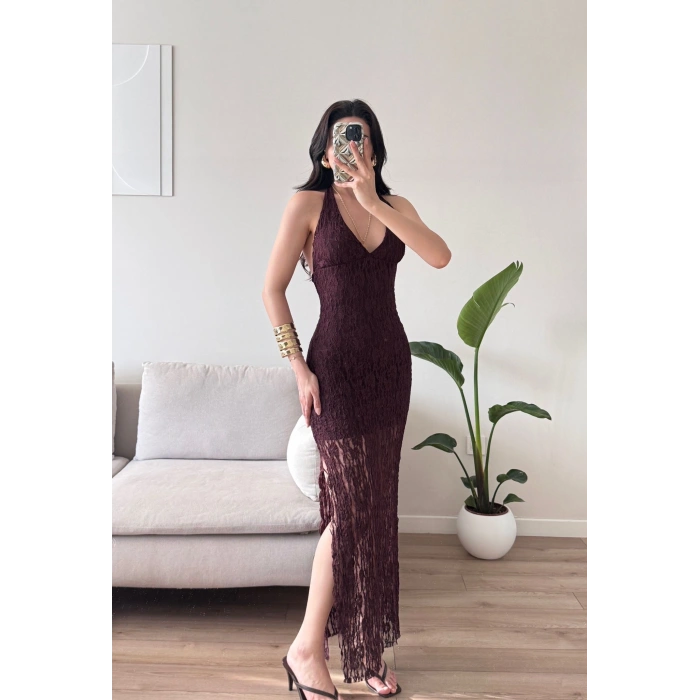 Boyun Bağlamalı Güpürlü Elbise - BORDO