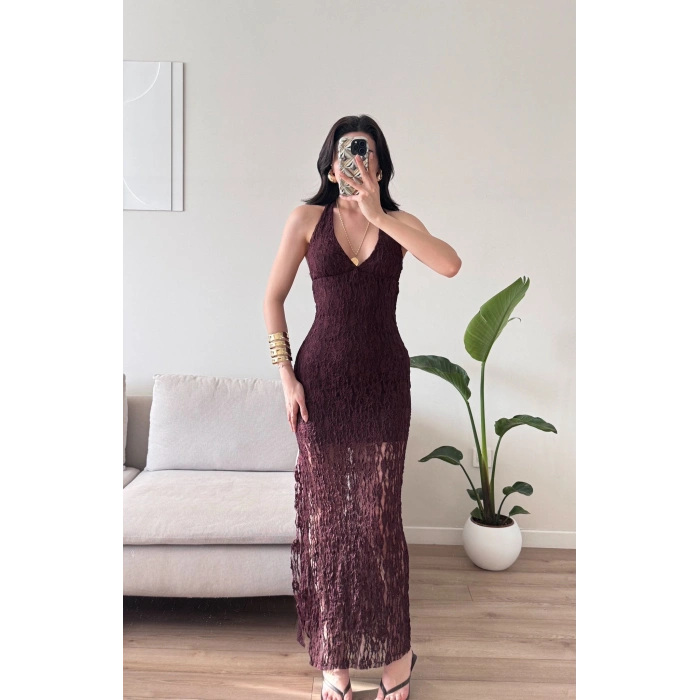 Boyun Bağlamalı Güpürlü Elbise - BORDO
