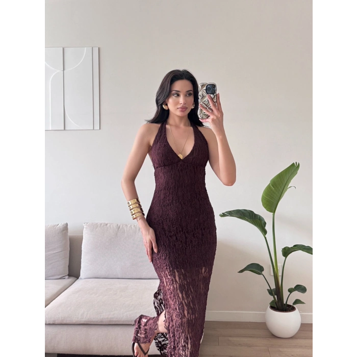 Boyun Bağlamalı Güpürlü Elbise - BORDO