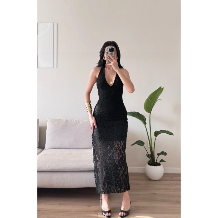 Boyun Bağlamalı Güpürlü Elbise - SİYAH