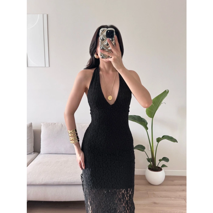 Boyun Bağlamalı Güpürlü Elbise - SİYAH