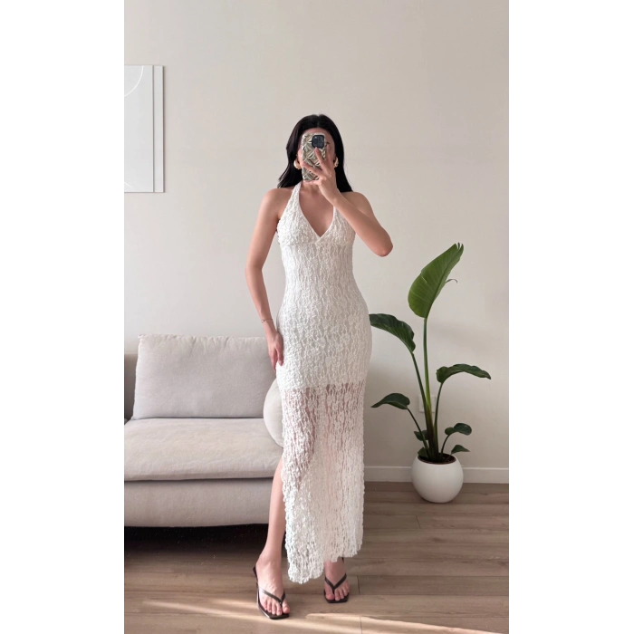 Boyun Bağlamalı Güpürlü Elbise - BEYAZ