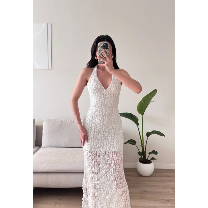 Boyun Bağlamalı Güpürlü Elbise - BEYAZ