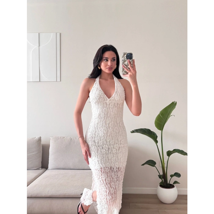 Boyun Bağlamalı Güpürlü Elbise - BEYAZ