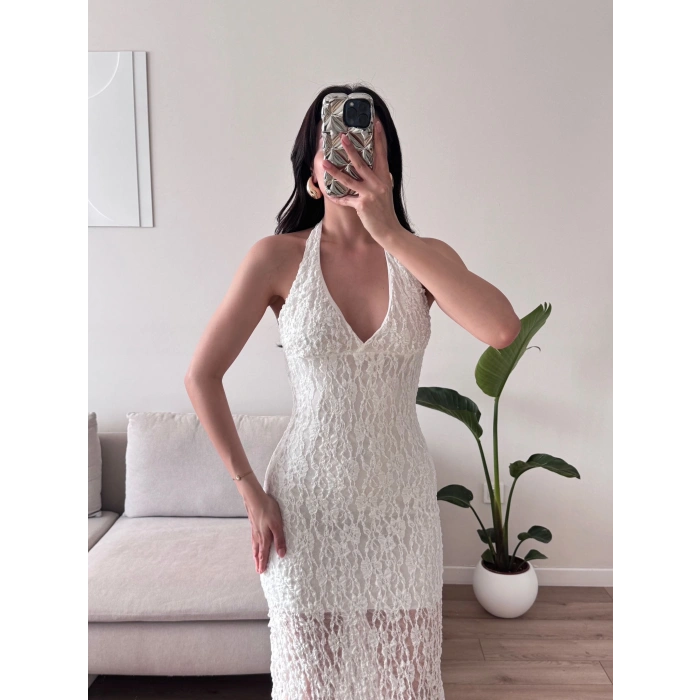 Boyun Bağlamalı Güpürlü Elbise - BEYAZ