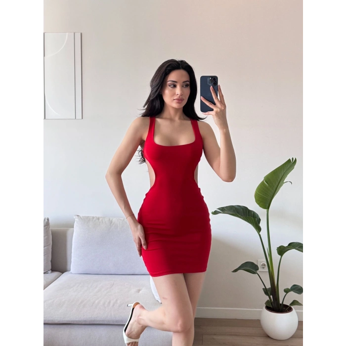 Sırt Dekolte Tasarım Elbise - KIRMIZI