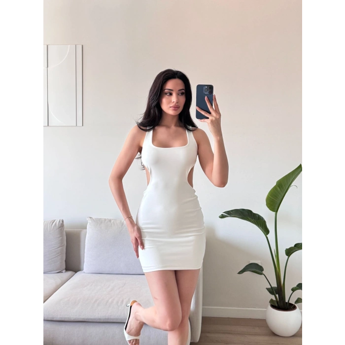 Sırt Dekolte Tasarım Elbise - BEYAZ