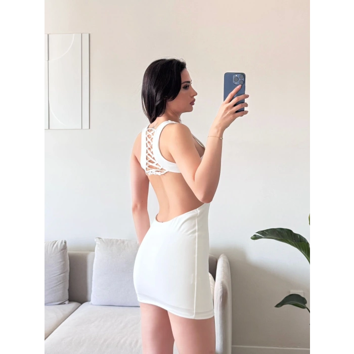 Sırt Dekolte Tasarım Elbise - BEYAZ