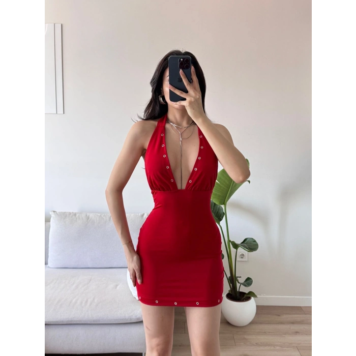 Boyun Bağlamalı Kuşgözü Elbise - KIRMIZI