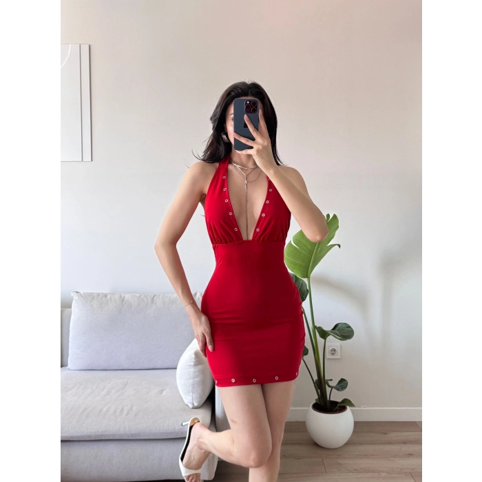 Boyun Bağlamalı Kuşgözü Elbise - KIRMIZI