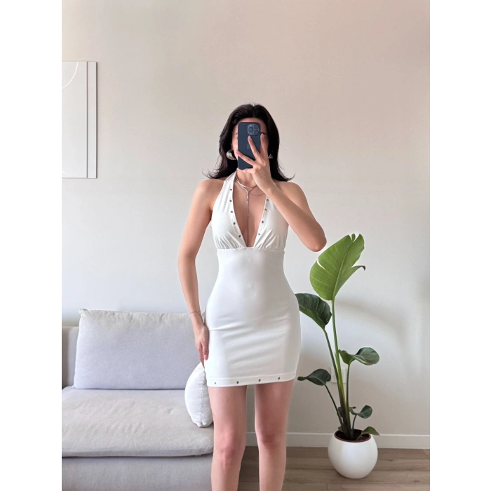 Boyun Bağlamalı Kuşgözü Elbise - BEYAZ