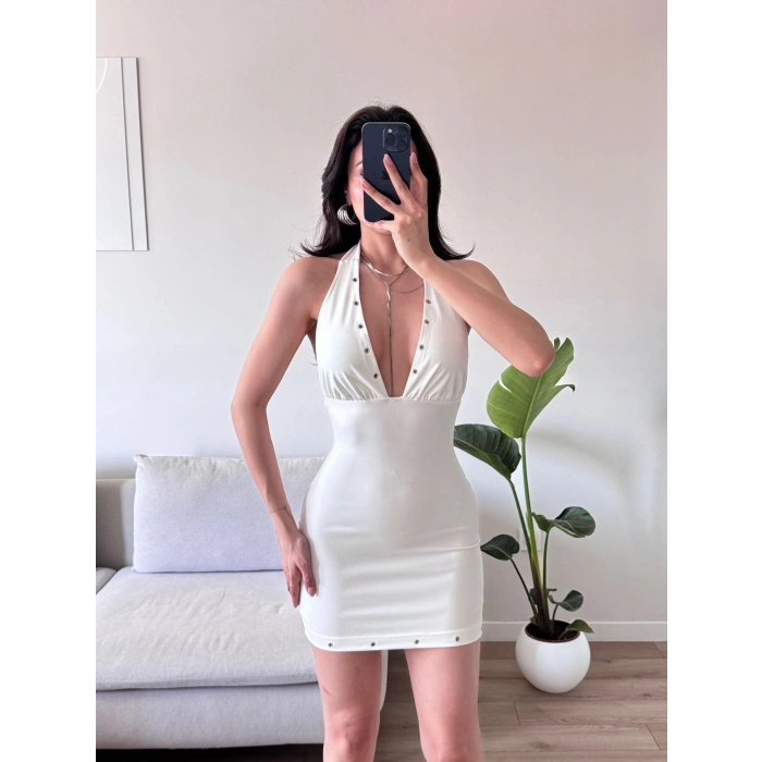 Boyun Bağlamalı Kuşgözü Elbise - BEYAZ