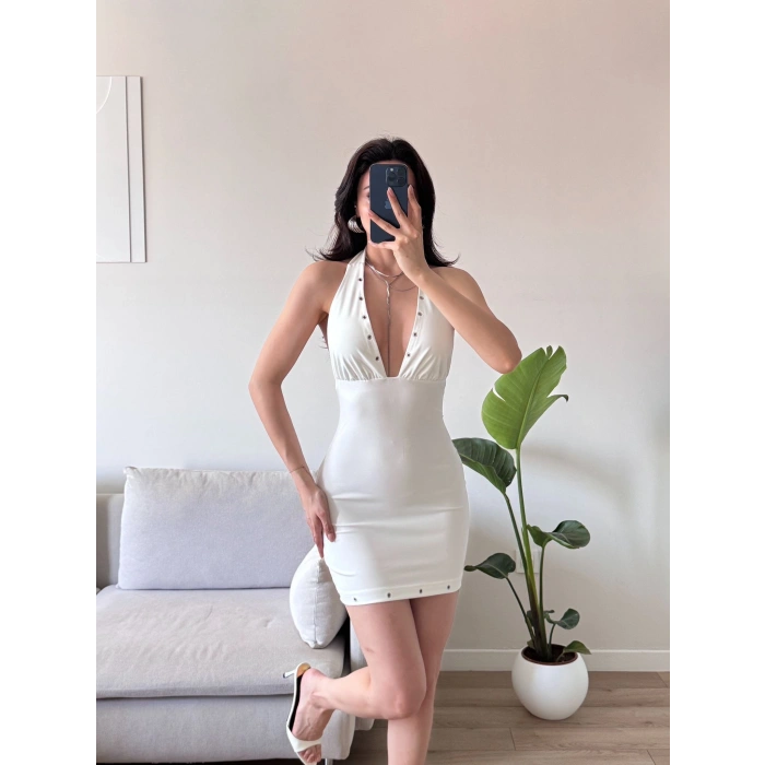 Boyun Bağlamalı Kuşgözü Elbise - BEYAZ