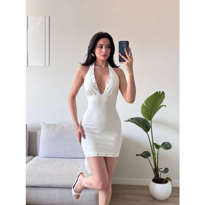 Boyun Bağlamalı Kuşgözü Elbise - BEYAZ