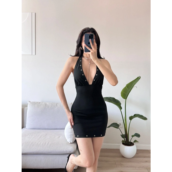 Boyun Bağlamalı Kuşgözü Elbise - SİYAH