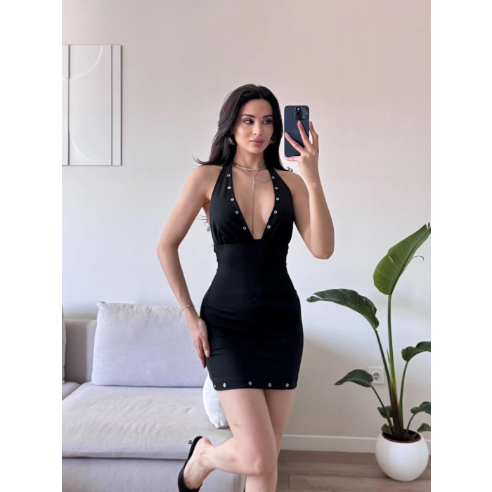 Boyun Bağlamalı Kuşgözü Elbise - SİYAH