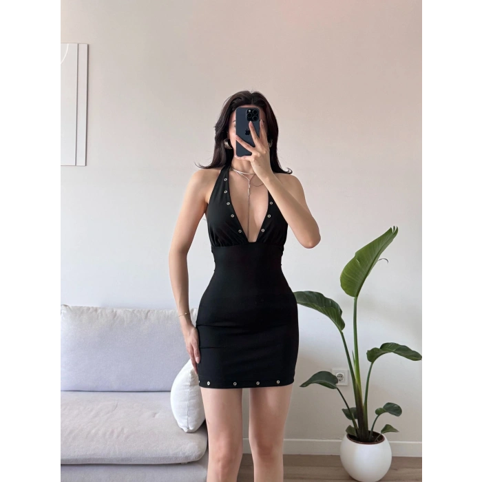 Boyun Bağlamalı Kuşgözü Elbise - SİYAH