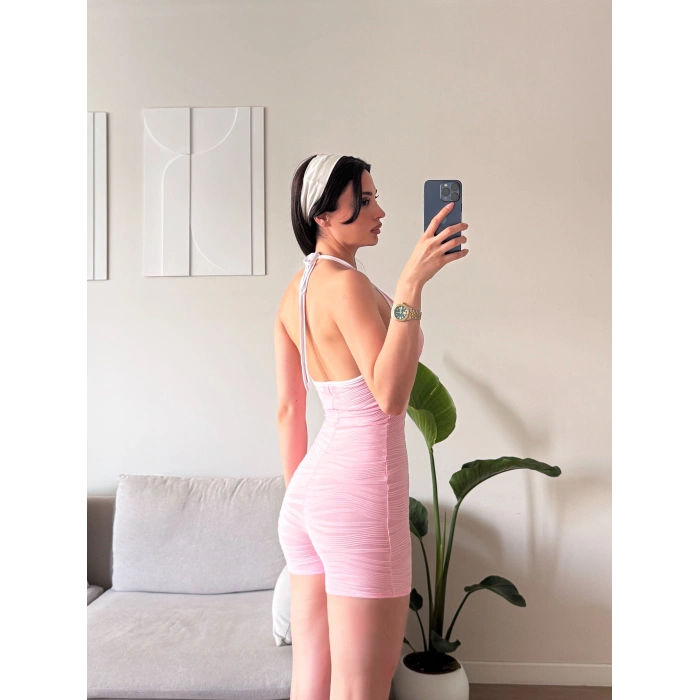 Askılı Damla Detay Şortlu Tulum - PEMBE