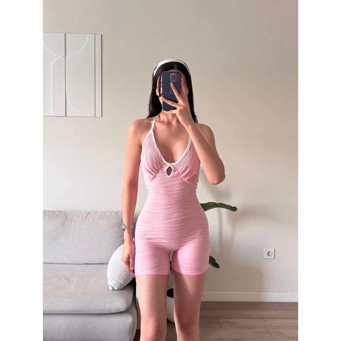 Askılı Damla Detay Şortlu Tulum - PEMBE