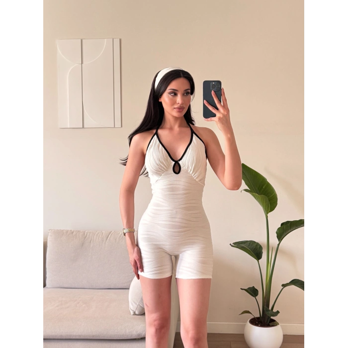 Askılı Damla Detay Şortlu Tulum - BEYAZ