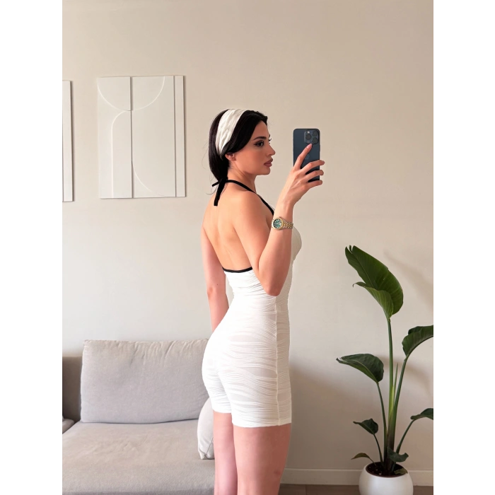 Askılı Damla Detay Şortlu Tulum - BEYAZ
