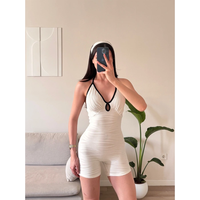 Askılı Damla Detay Şortlu Tulum - BEYAZ