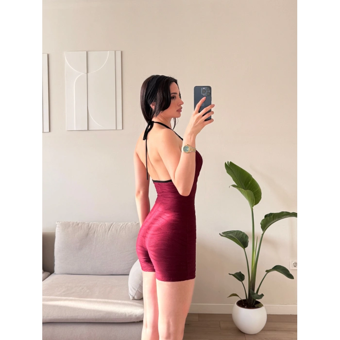 Askılı Damla Detay Şortlu Tulum - BORDO