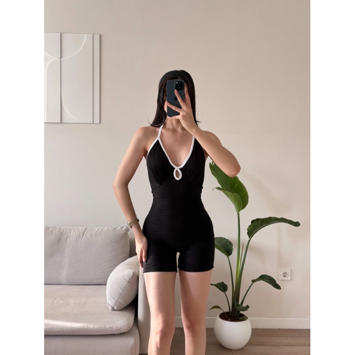 Askılı Damla Detay Şortlu Tulum - SİYAH