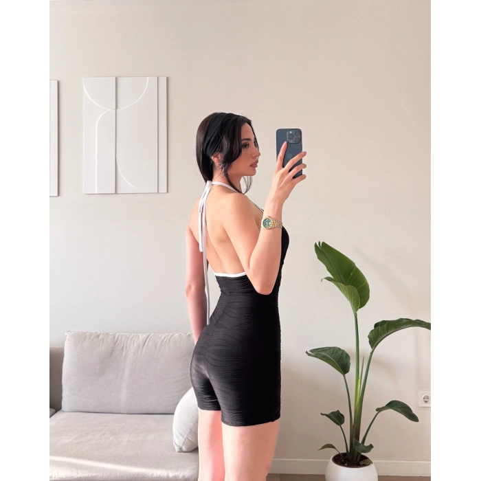 Askılı Damla Detay Şortlu Tulum - SİYAH