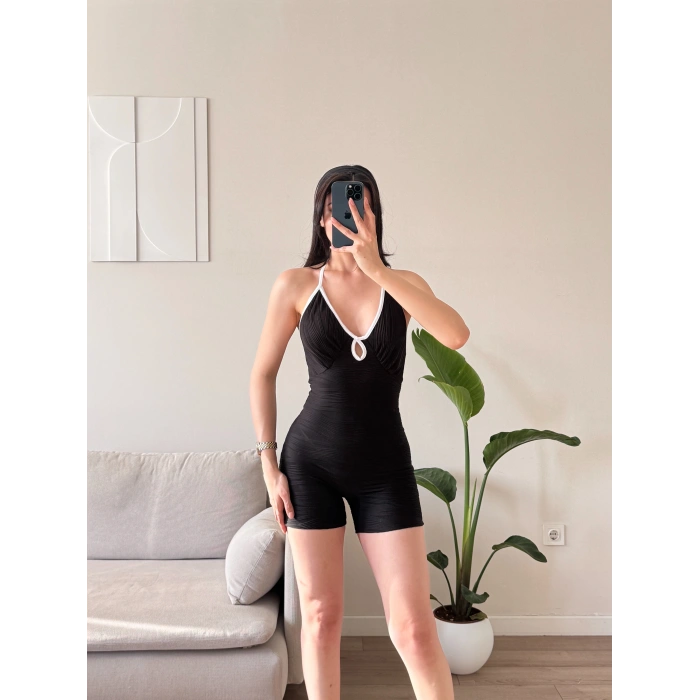 Askılı Damla Detay Şortlu Tulum - SİYAH